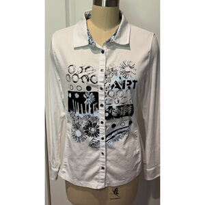 Women's Dolcezza White & Black Art Print Button Down knit Shirt L